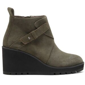 Eileen Fisher Tinker Chunky Wedge Bootie Suede Dark Moss Size 7
